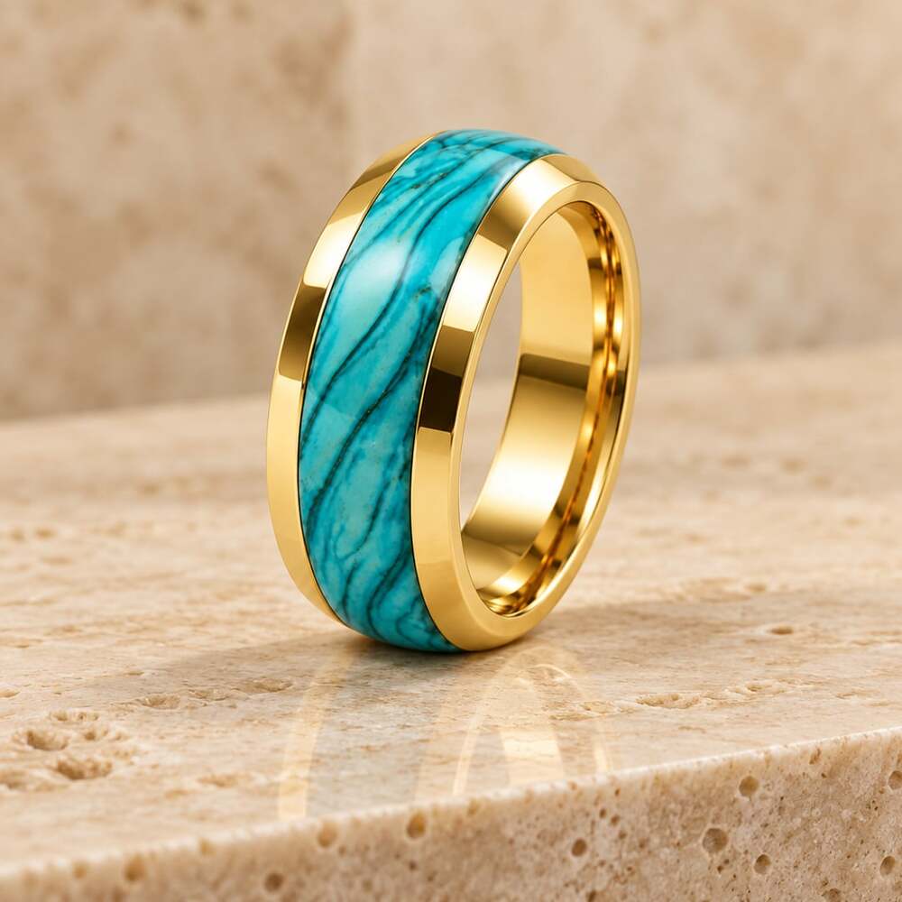 Tungsten Yellow Gold Turquoise Polished Finish 8mm Band Size 11